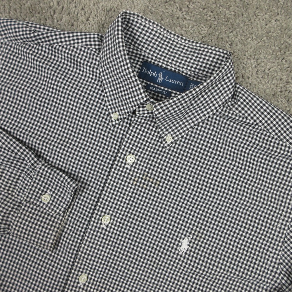 Ralph Lauren Shirt Mens Large Gray Gingham Check White Pony‎ Logo Classic Button